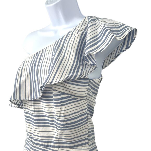 BB Dakota One-Shoulder Striped Ruffle Romper White Blue Size 2 - Picture 3 of 12